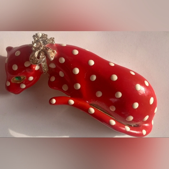 Kenneth Lane Enamel Crystal 1980's Red/White Polka Dot Leopard Signed VTG Brooch - Picture 15 of 16